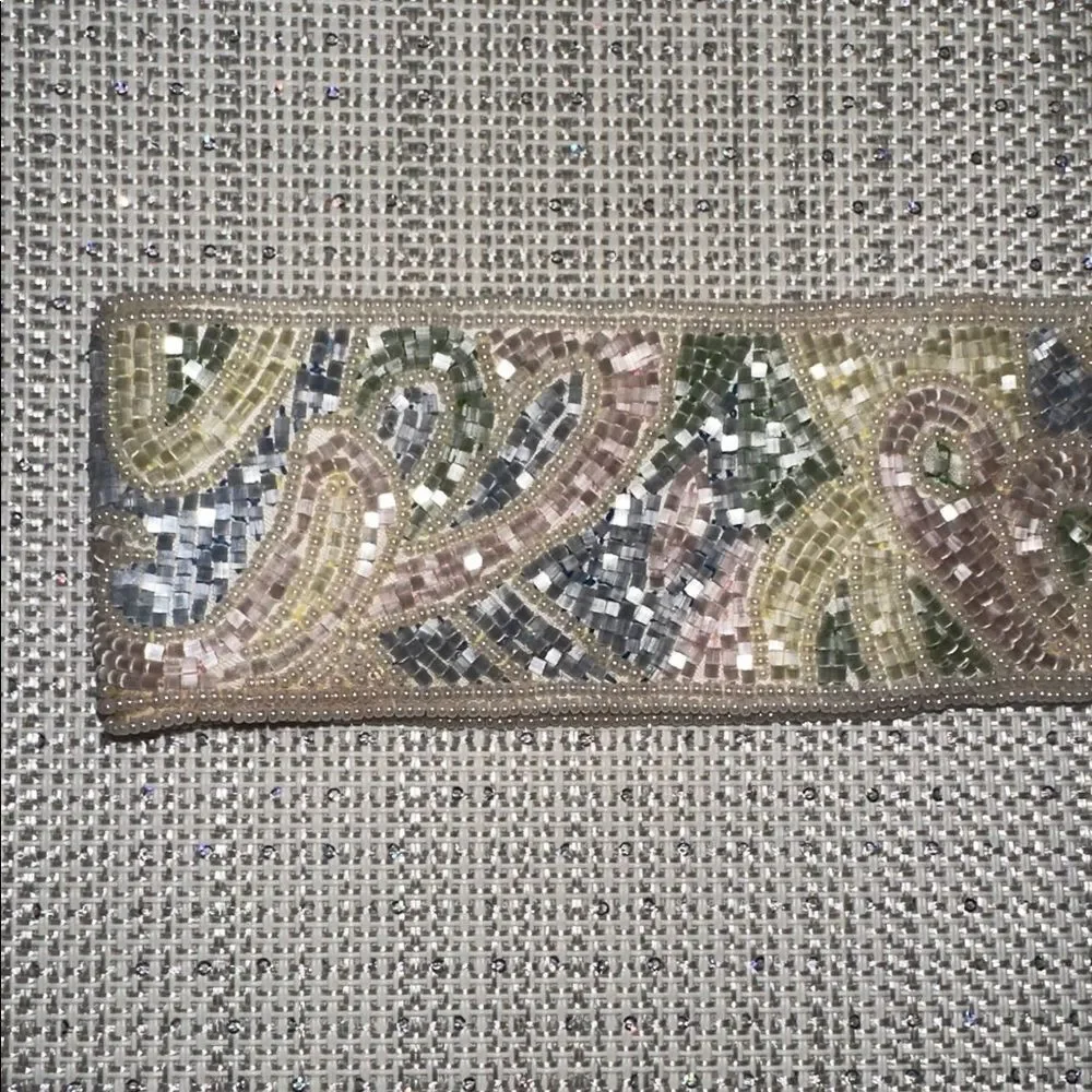Vintage S Ivory Pink Green Yellow Blue Beaded Pastel Colored Wide Velcro Belt